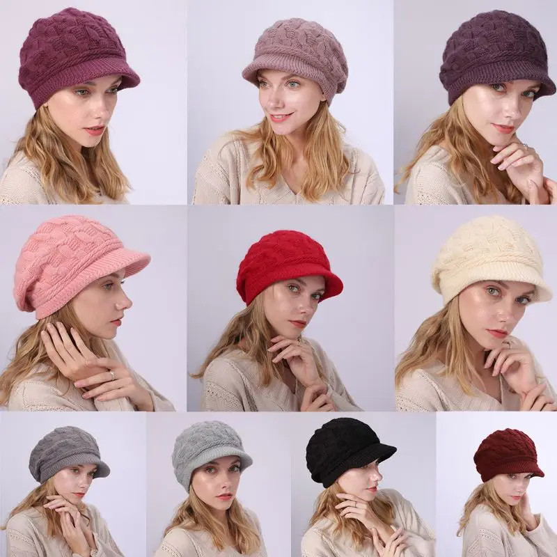 Women Winter Chunky Cable Knit Beret Cap with Visor Lady Casual Soft Plush Ski Beanie Hat Female Solid Color Outdoor Hat