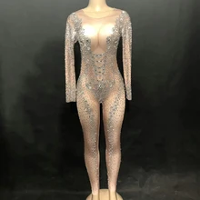 

Sparkling Rhinestones Perspective Mesh Gauze Jumpsuit Nightclub Dance Show Wear Theatrical Costume For Women Performance Wear