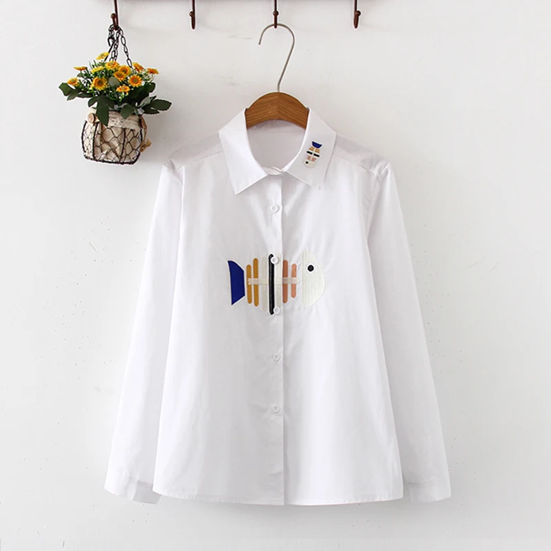 fish bone Embroidery Новинка года, однотонная блузка с вышивкой в виде кошки и мышки белая рубашка на пуговицах с отложным воротником и длинными рукавами милый топ для школьниц, лидер продаж, T93704F - Цвет: fish bone Embroidery