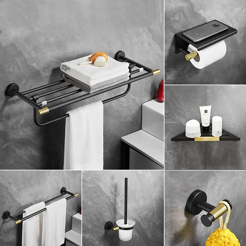 Bathroom Hardware Sets Black Gold Stainless Steel With Nail Wall Mounted Bath Towel Bars Roll Paper Storage Rack Single Hook