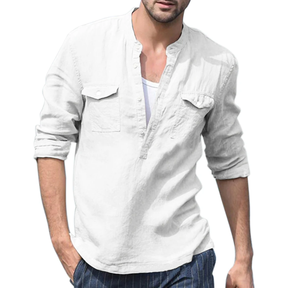 Men Clothes 2019 Button Cotton Linen Long Sleeve Shirts Casual Holiday Street Slim Fit Tops Four Color Mens Sexy V Neck Shirts