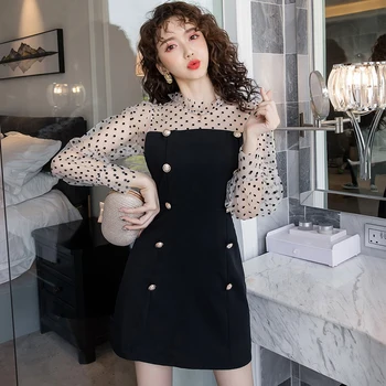 

Women's Spring Autumn New Plus Size Dress Wave Dot Mesh Patchwork Fake Two Ruffles Stand Lantern Sleeve A-line Mini Dress ML625