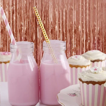 

2Pc Rose Gold Metallic Tinsel Foil Fringe Curtains and 50 Paper Straws - Party Supplies and Decorations-Photo Booth Props and St