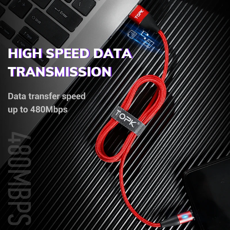 TOPK AM60 3A светодиодный кабель для быстрой зарядки Micro usb type C для iPhone Xs Max 8 7 6