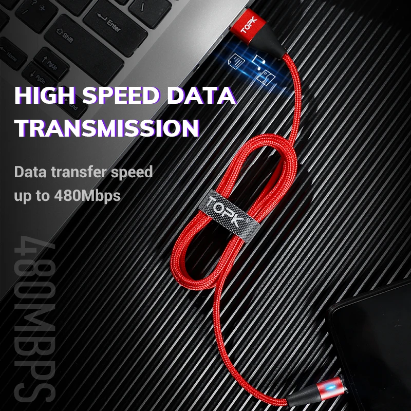 TOPK AM60 3A 3rd Generation Fast Charging LED Magnetic USB Type C Cable for Xiaomi Redmi Note 7 Data Cable|Кабели для мобильных