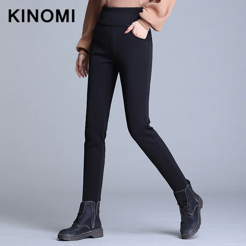 KINOMI/Черные Теплые повседневные брюки; зимние обтягивающие брюки из плотного бархата, шерсти и флиса; кашемировые брюки из овечьей кожи с карманами для женщин; большие размеры