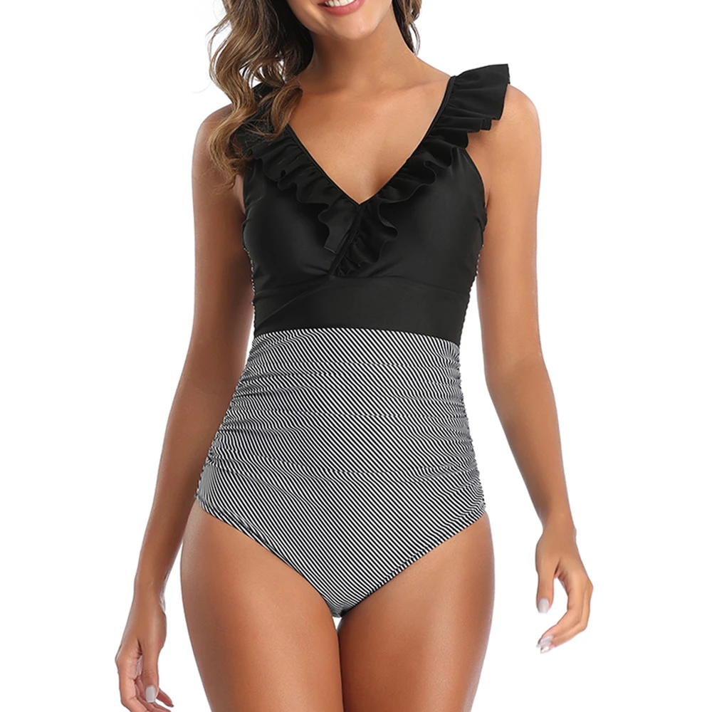Sexy Women's One-piece Swimsuit Retro Swimsuit V-neck Swimwear Ruffle Printed Swimsuit Slimming High Waist Swimsuit 2020 Summer