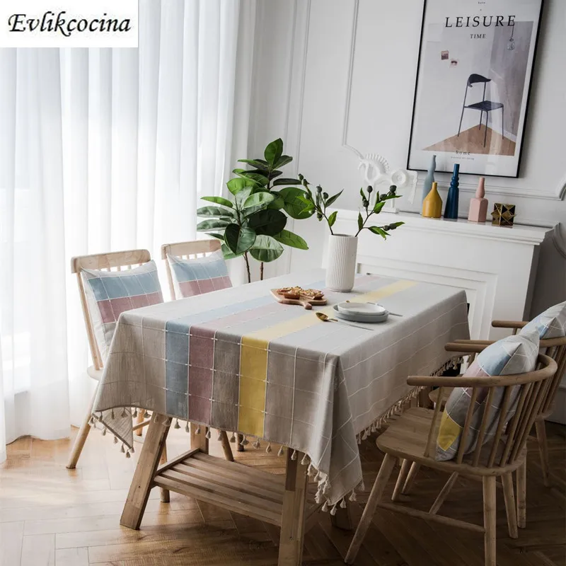 

Free Shipping Color Wide Stripe Tablecloth Tassel Table Cover Mantel De Mesa Multifunction Printed Cloth Nappe Centrini Moderni