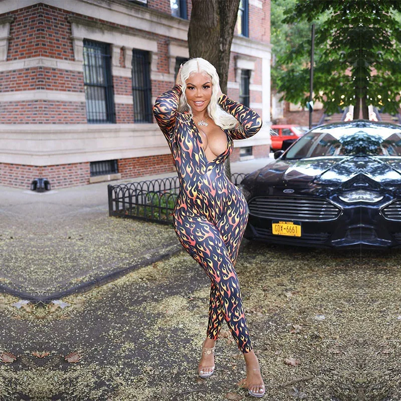 HAOYUAN огонь печати сексуальный комбинезон рейверская Праздничная Bodycon Комбинезоны уличная Цельный Наряд с длинным рукавом боди комбинезоны для женщин