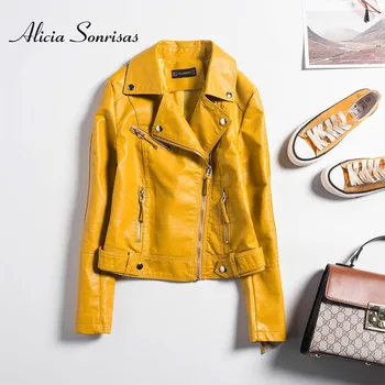 

2020 Autumn Leather Jacket Women Rivet Long Sleeve Biker Motorcycle High Street Yellow 5 Colors Black PU Biker Coat