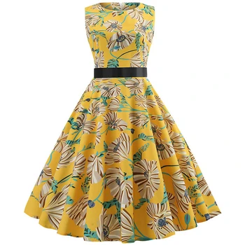 

New Summer Elegant Bandage Yellow Dress Women Swing Vintage Plus Size Party Midi Dresses Women Clothing robe femme Vestidos