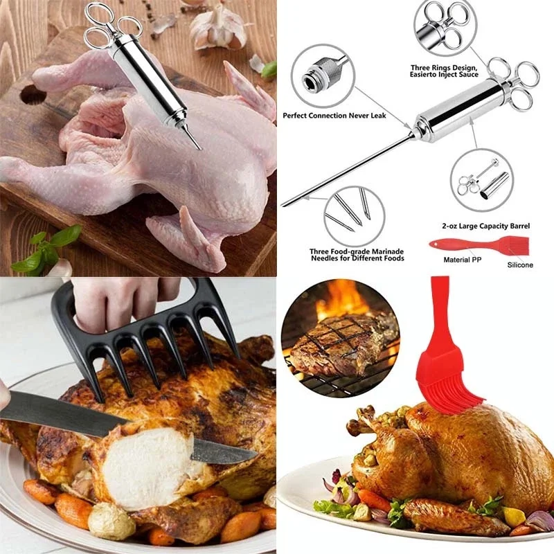 Meat Injector Syringe Stainless Steel Meat Injector Syringe Kit with 3 Flavor Food Injector Syringe Meat Needles, Injection Brine Marinades