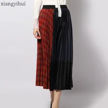 Высокая талия Сексуальная винтажная Лоскутная клетчатая юбка длинная Плиссированная Женская Повседневная Осенняя Зимняя юбка хит цвета стиль