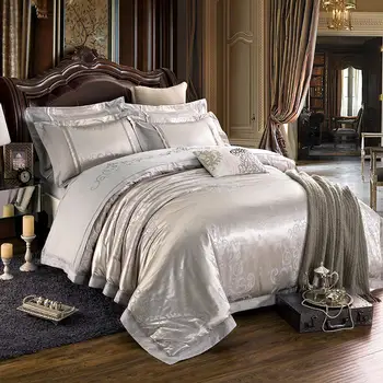 

Green/Blue/Gray Satin Bedding Set Home Textile, 4pcs Jacquard Silk Duvet/Quilt Cover Bed Set Linen Pillowcases Queen King Size