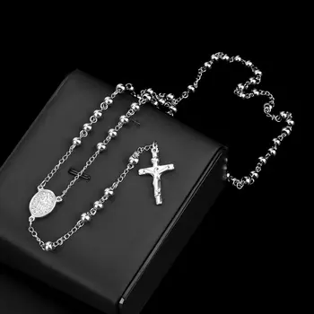 

Classic Rosary Beads Chain Cross Crucifix Religious Catholic Hip-hop Rapper Stainless Steel Necklace Chain Women Men 2020