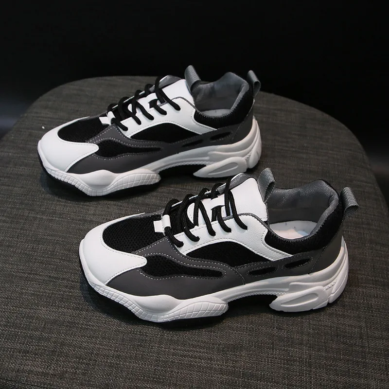 

2019 New Style round-Toe Semi-high Heeled Shoes Mesh Platform Rubber Gauze Deep Mouth Lace-up