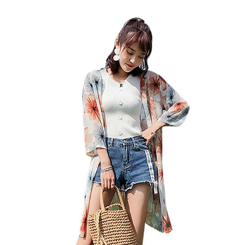 

Women Holiday Cardigan Mid-Length Chiffon Print Sun Protection Clothing Seven-Point Sleeve Cardigan