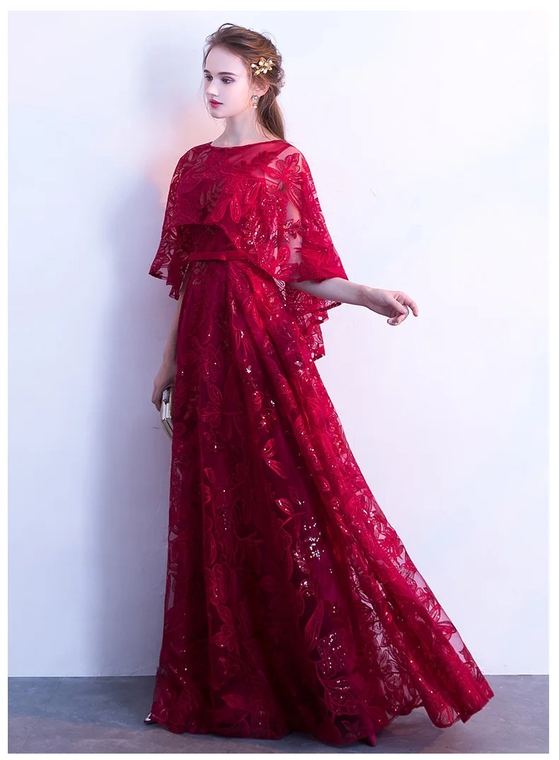 Wine Red Sequined Lace Long Prom Dresses 2019 A-line Scoop Neck With Jacket Floor-length  Plus Size Formal Dresses For Women