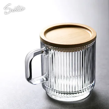 

Water Creative Glass Cup Handle Transparent Wood Lid Coffee Milk Drinking Glasses Verres Pour Boire Juice Glassware EA60BL