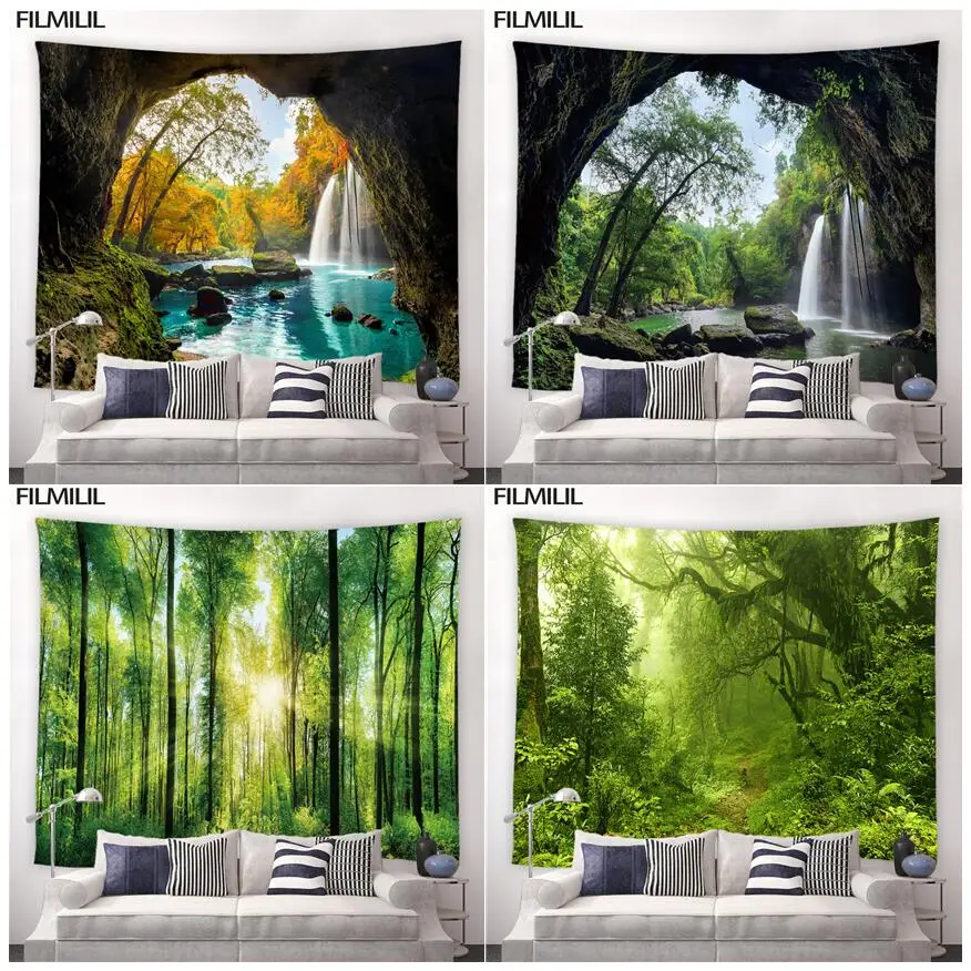 Forest Cave Waterfall Tapestry Green Trees Natural Scenery Tapestries Bedroom Dormitory Decor Wall Hanging Mural Screen Blanket