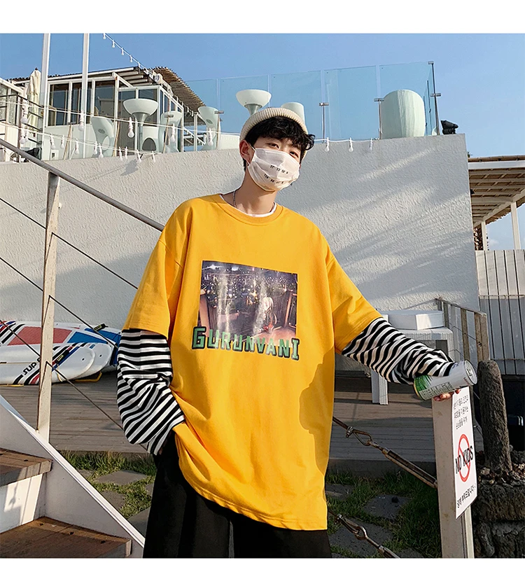 Осень корейский мужской уличный с длинными рукавами круглый вырез сплошной цвет мультфильм свободный большой размер Повседневная футболка Harajuku