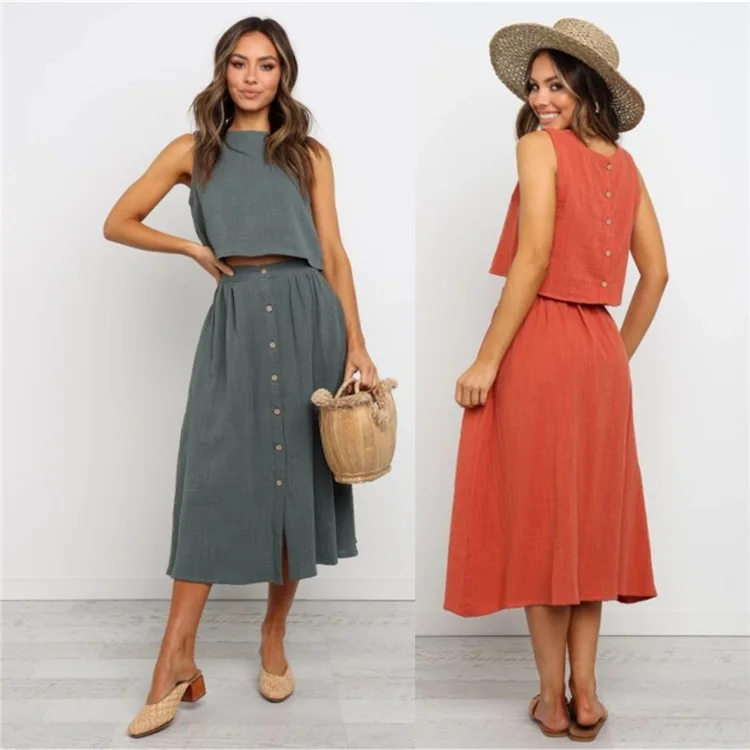 

Summer Lady Cotton and Linen Sleeveless Tops Single-Breasted Skirt Suit Mid-Calf Sweety Dress Pretty Elegant Fashion Dress