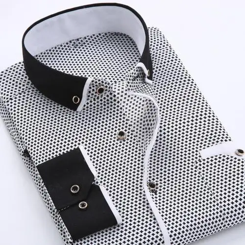 Gray 2 Business Men Plus Size Buttons Turn Down Collar Long Sleeve Shirt Top Men Fashion Casual Long Sleeved Printed shirt Slims - Цвет: Gray 2