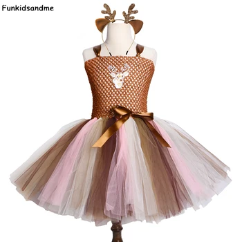 

Brown Deer Tutu Dress Girls Kids Christmas Birthday Party Dress Children Cute Animal Deer Halloween Costume for Girls 2-12 Year