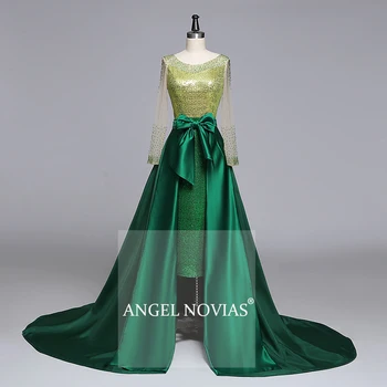 

Long Sleeves Green Beaded Evening Dresses 2020 with Detachable Skirt Custom Made Abendkleider Formal Prom Gowns