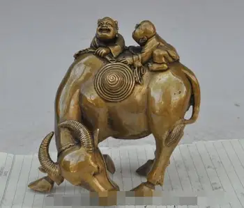 

S0945 chinese fengshui bronze boy girl ride Zodiac Year Cattle Oxen Animal Statue
