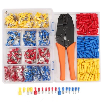 

900pcs Insulated Male Female Spade Wire Connectors Crimp Terminals Kit + 1pc Electrical Crimping Plier 22-10 AWG Hand Tool Set