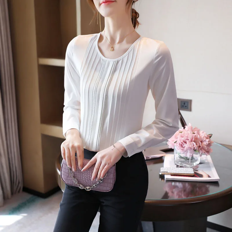Korean Fashion Chiffon Women Blouses Solid O-Neck Office Lady Shirt and Blouse Plus Size XXL Autumn Long Sleeve Women Tops