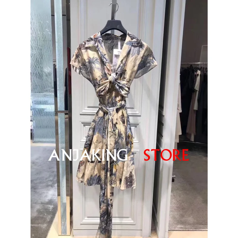 

Spring summer cotton Forest sketch print dress 2020 Women's New high quality sexy short sleeve repair dress V-neck casual dress