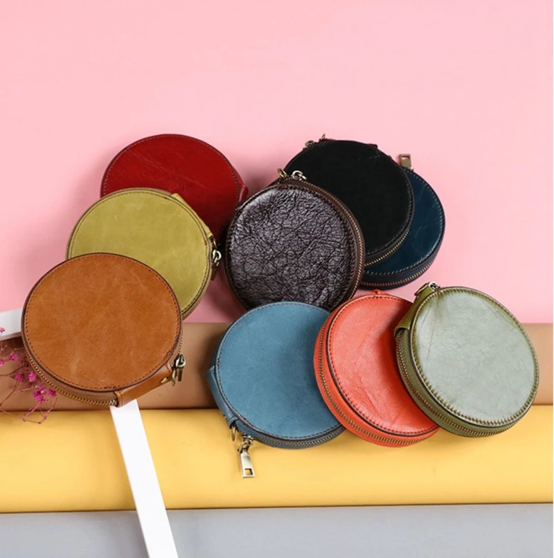 Genuine Leather Coin Purse Bag For Women Girl Short Zipper Round Small Money Pocket Bags Card Holder Wallet With Wraist Strap