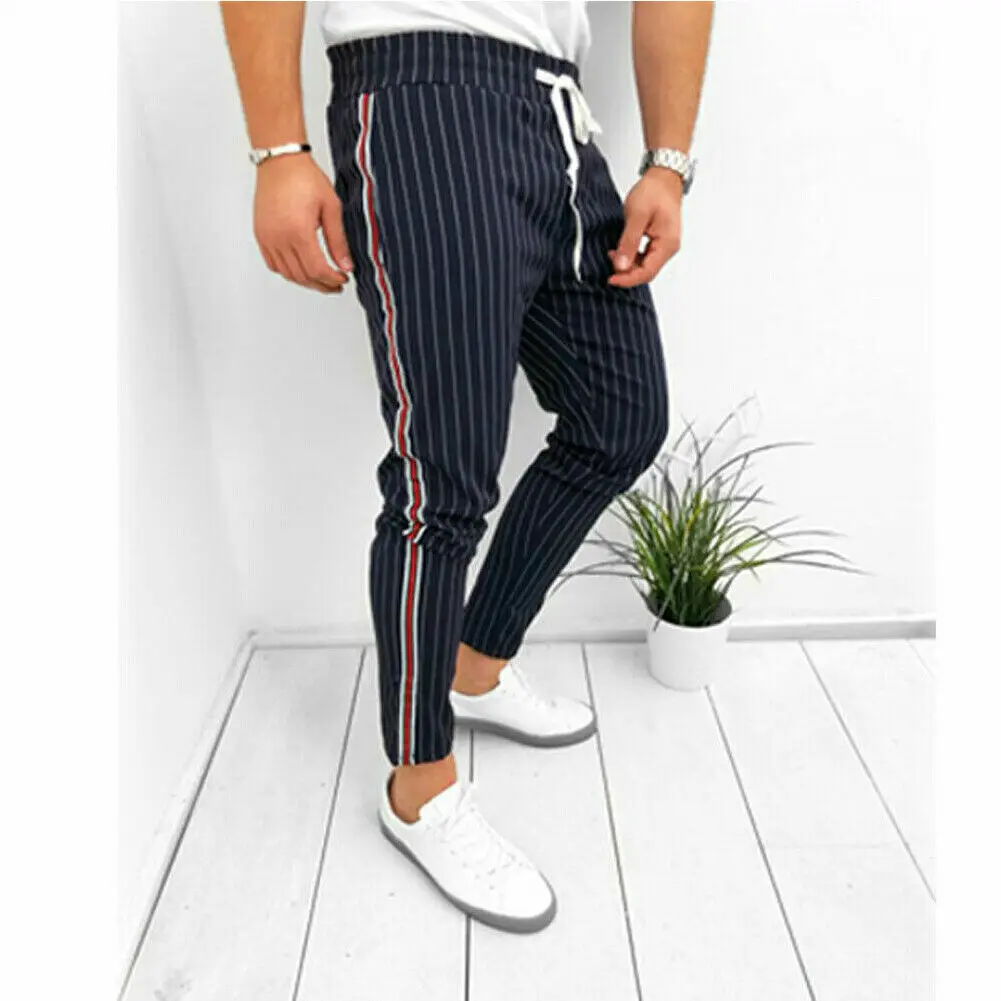 2019 Fashion Men's Casual Pants Ankle-Length Elastic Strap Striped Jogger Sports Fitness Sweatpants Long Pants photo
