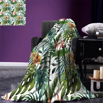 

Leaf Throw Blanket Vintage Retro 60s Seem Banana Palm Tree Leaves Flowers Hibiscus Warm Blanket for Bed Couch Light Caramel