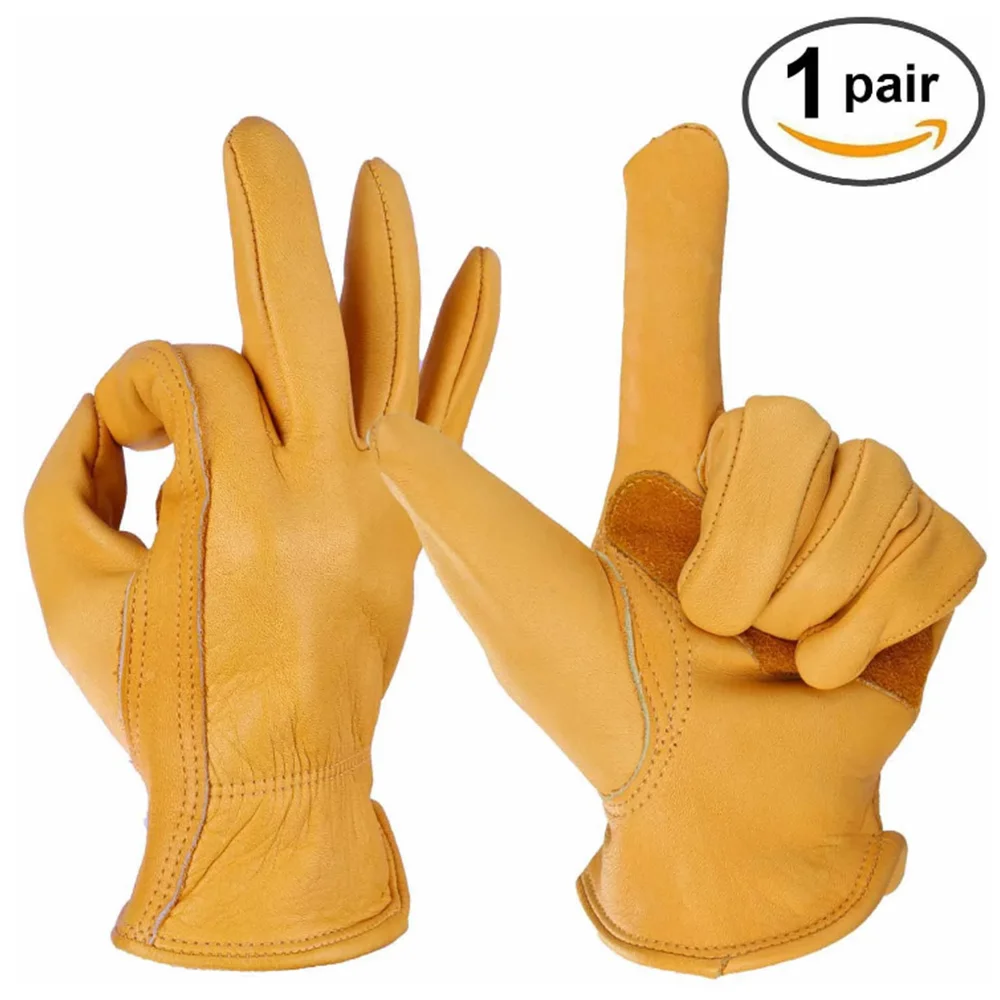 [AETRENDS] Flex Grip Leather Work Gloves Stretchable Wrist Tough Cowhide Working Gloves(Gold, S, M, L, XL) O-0047