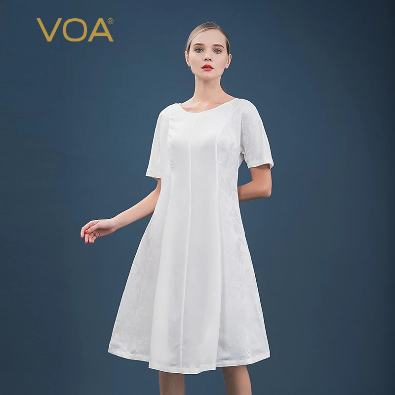 

VOA's New Heavy Silk Crewneck Shoulder Drop Short Sleeve Stuck Splicing Loose Comfortable Long Dress for Women A10278