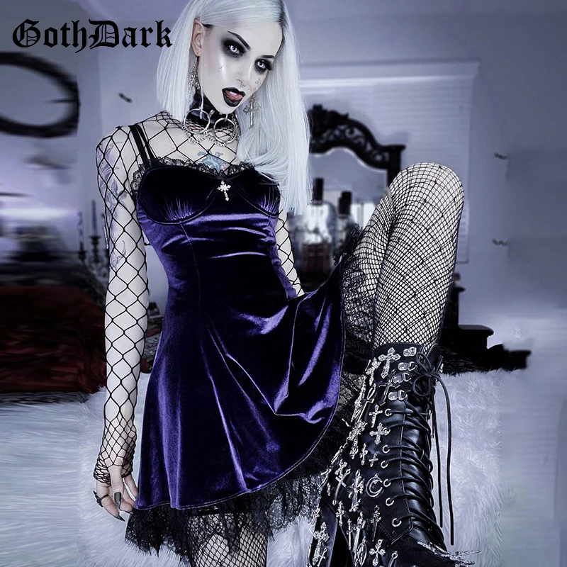 Goth Dark Mall Gothic Vintage Velvet Grunge Mini Dresses Women Punk Lace Trim Alt Clothes Summer Dress Bodycon A-Line Partywear | Женская