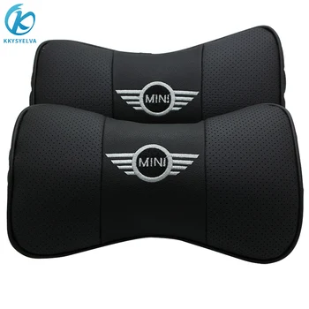 

KKYSYELVA Leather 2PCS Car Styling Leather Car Neck Pillow Head Car Headrest Pillow Cushion Cover For Mini Cooper Accessories