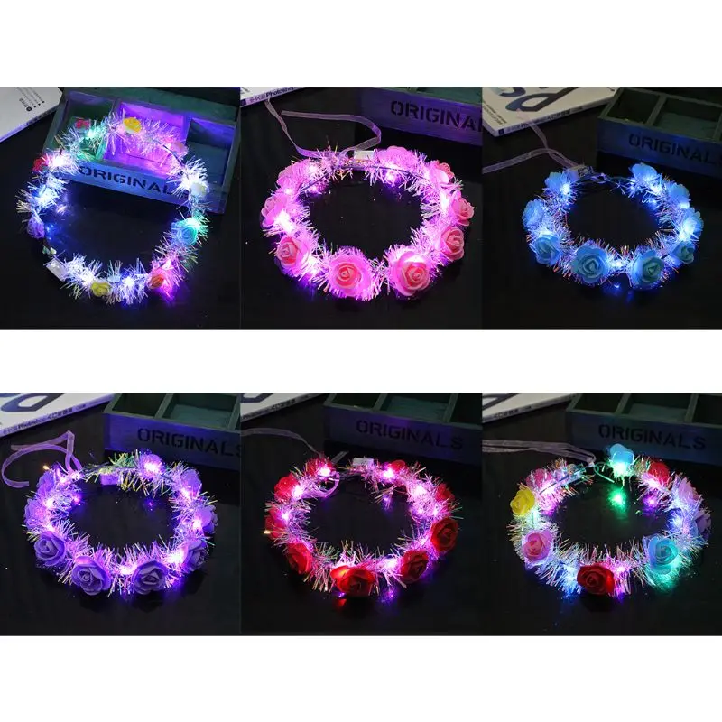 

Women Children LED Light Up Flower Crown Glitter Reflective Tinsel Wreath Headband Luminous Headwear for Christmas Holiday Party