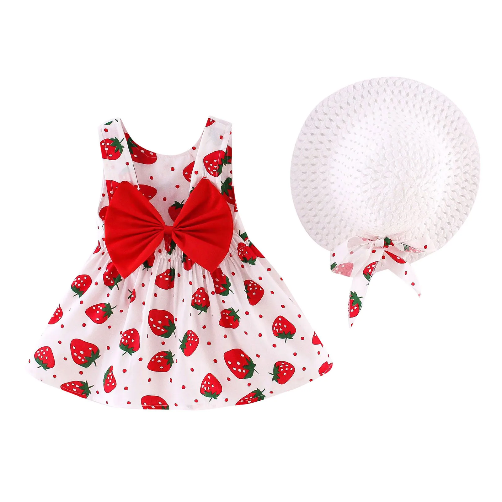 Toddler Baby Kids Girls Sleeveless Polka Dot Print Princess Dress Hat Outfits 