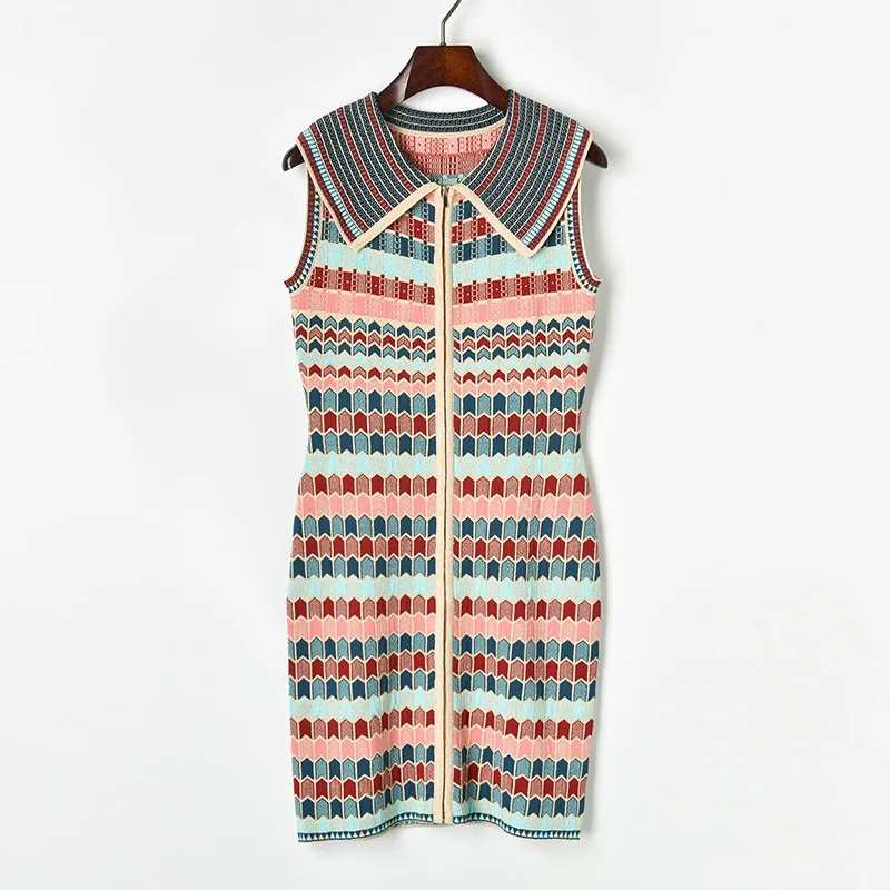 Sleeveless Sweater Dress Knitted Vintage Cardigan Turndown Collar Elegant Korean Autumn Striped Plaid Midi Knitted Women Dress