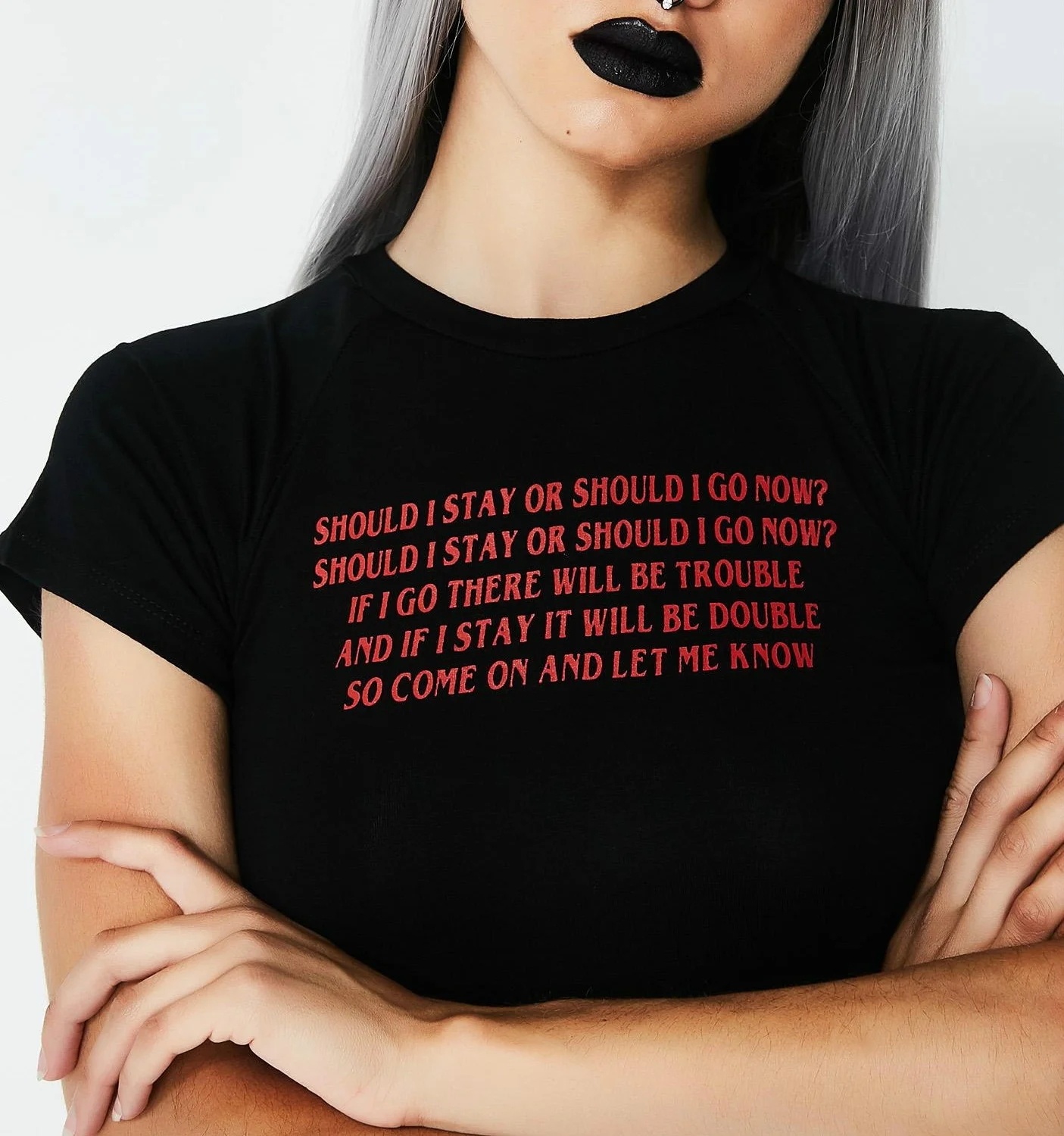 

Kuakuayu-JF Should I Stay or Should I Go Now Come on and Let Me Know Letter Printed T Shirt Women Short Sleeve Tee Tops