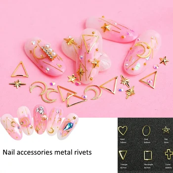 

200pcs large rivet nail art rhinestone metal hollow geometric figures stars moon triangle DIY trendy nail accesories