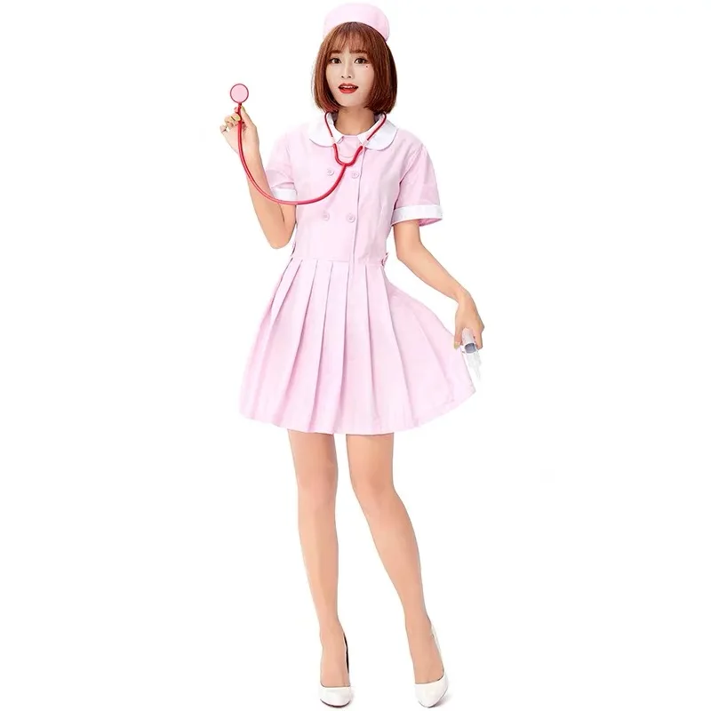 

Pink Women Nurse Professional Role Playing Cosplay Female Halloween Doctor Suit Costume Carnival Purim Nightclub Bar Party Dress