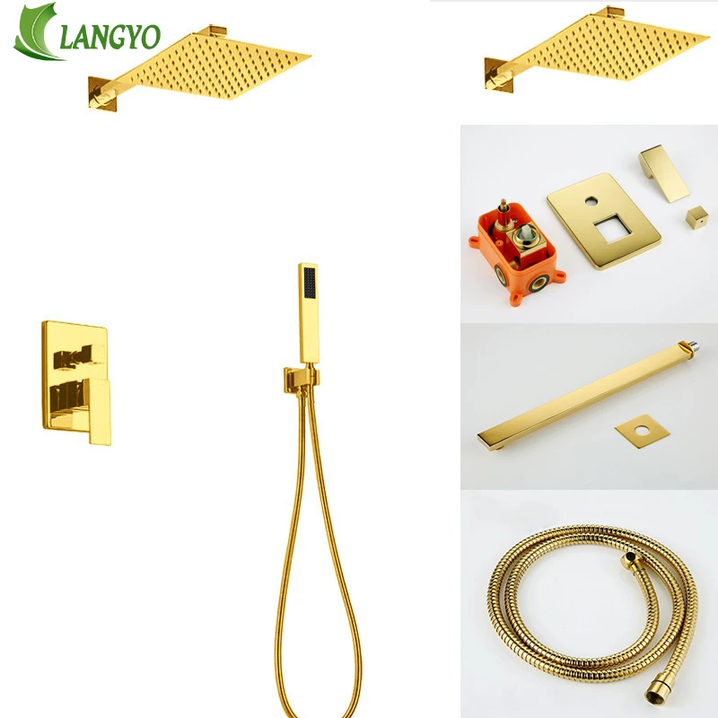 Luxury Bathroom Shower Faucet 10Inch Shower Head Gold Stainless Steel Wall Mount W/ Hand Para Bath Mixer Water Tap