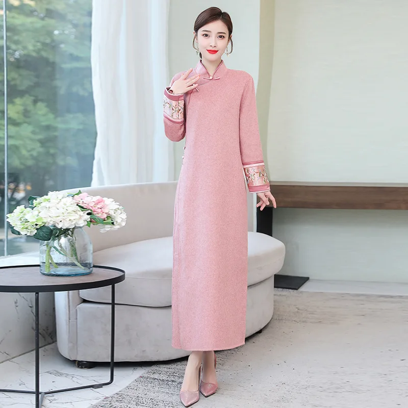 

Chinese Style Retro Wind 2019 Entirely Handmade Sewing Double-Sided Cashmere Wool Woolen Cloth Improved Cheongsam Coat Dress