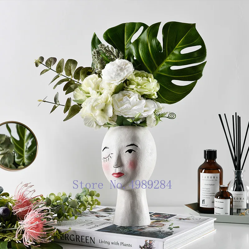 Творческий Смола человеческого ваза, украшенная головом моргание женщина портрет ваза-скульптура современного дома Настольный декоративный цветок композиция