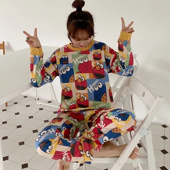 

Ins Hot Sale 2020 Spring Cotton Pajama Sets For Women Cartoon Print Cute Leisure Pyjama Sets Loose Comfortable Home Suits